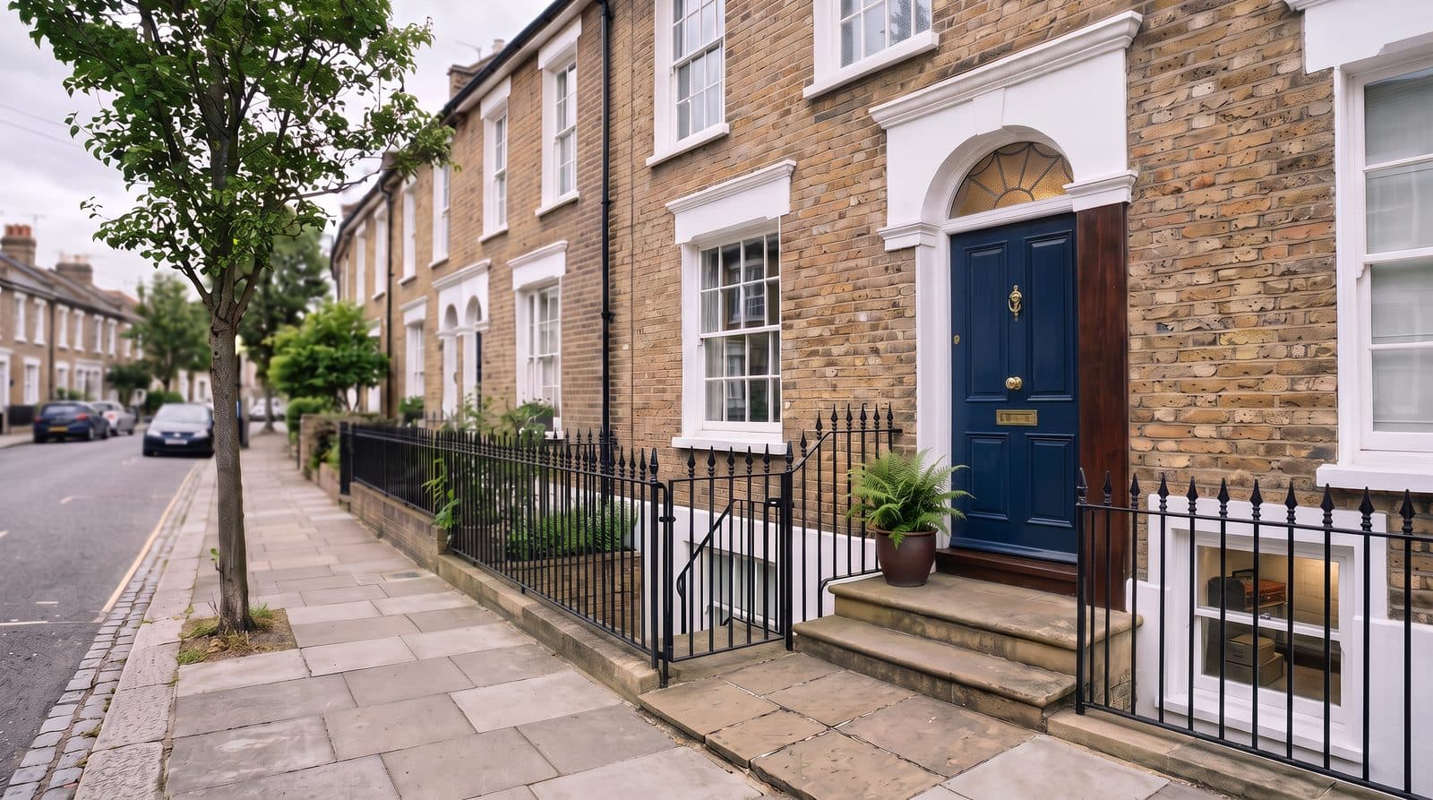 The front of a London terraced house on a quiet street.